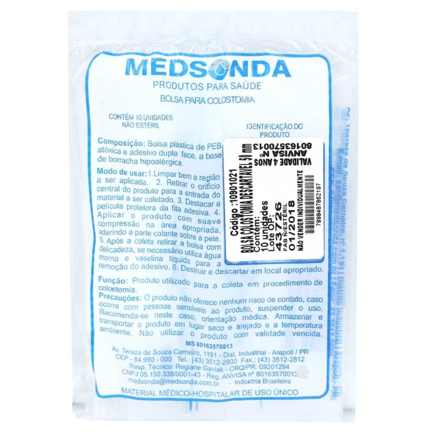 Bolsa Para Colostomia 30mm Medsonda Com 10 Unidades Descartável